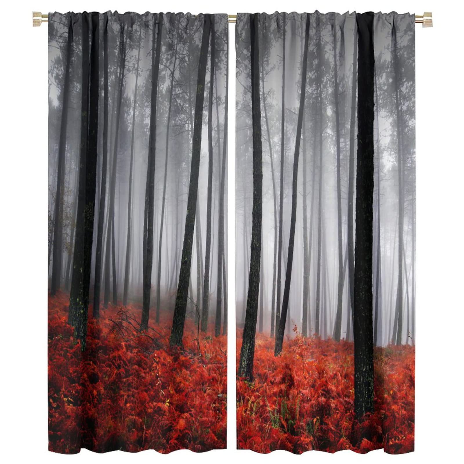 JESTRONRY Forest Window Curtain,Red Fantasy Misty Forest Trees Jungle Bushes Blackout Rod Pocket Window Drapes 2 Panel Set for Living Room Bedroom Kitchen Bathroom Decor W42xL54in