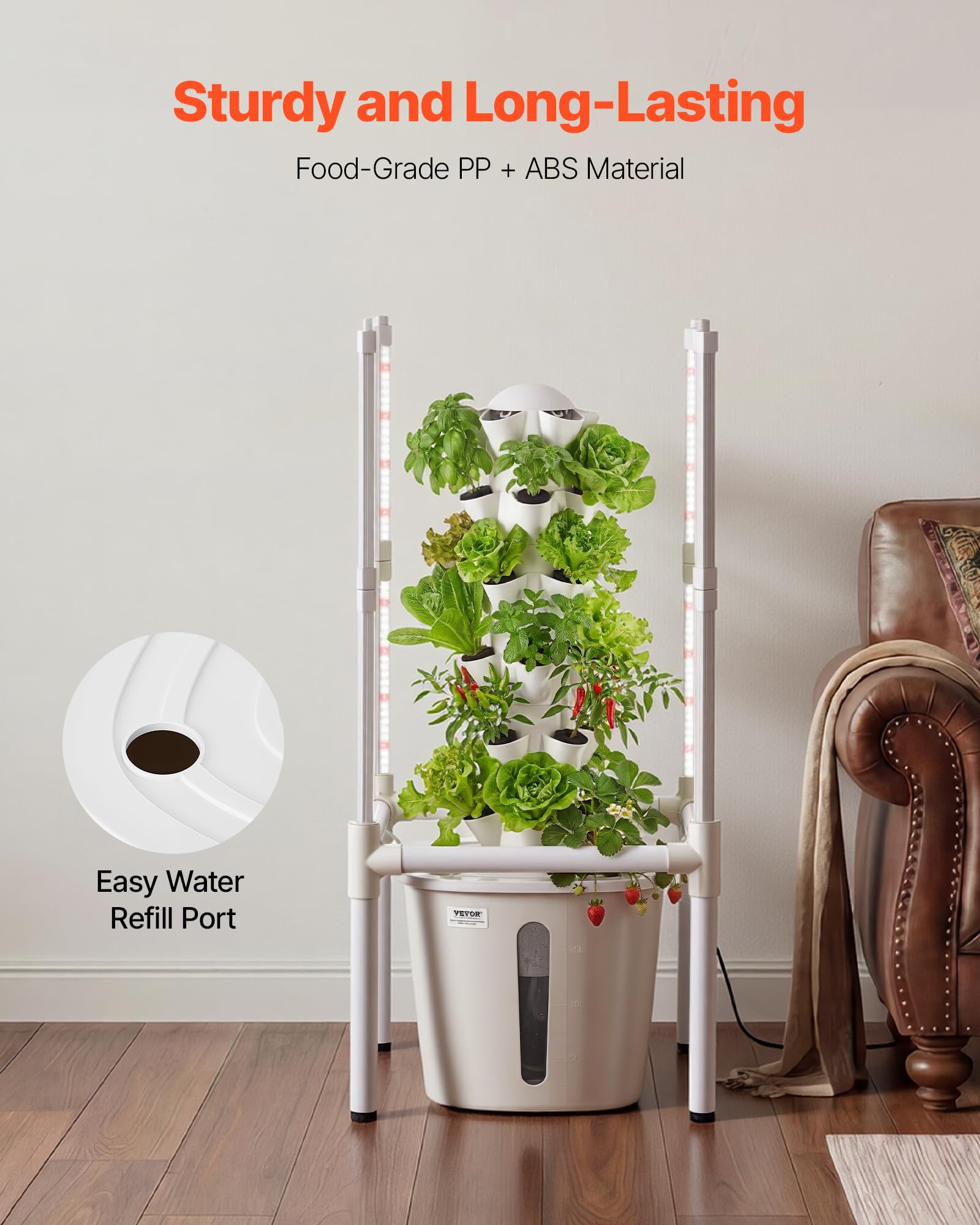VEVOR Kit de Cultivo Hidropónico, Sistema de Torre Hidropónica, 6 Niveles y 30 Agujeros, con Luces LED Control de APP Bomba de Agua y Depósito de 20 L, Plantador Interior para Hierbas Frutas Vegetales