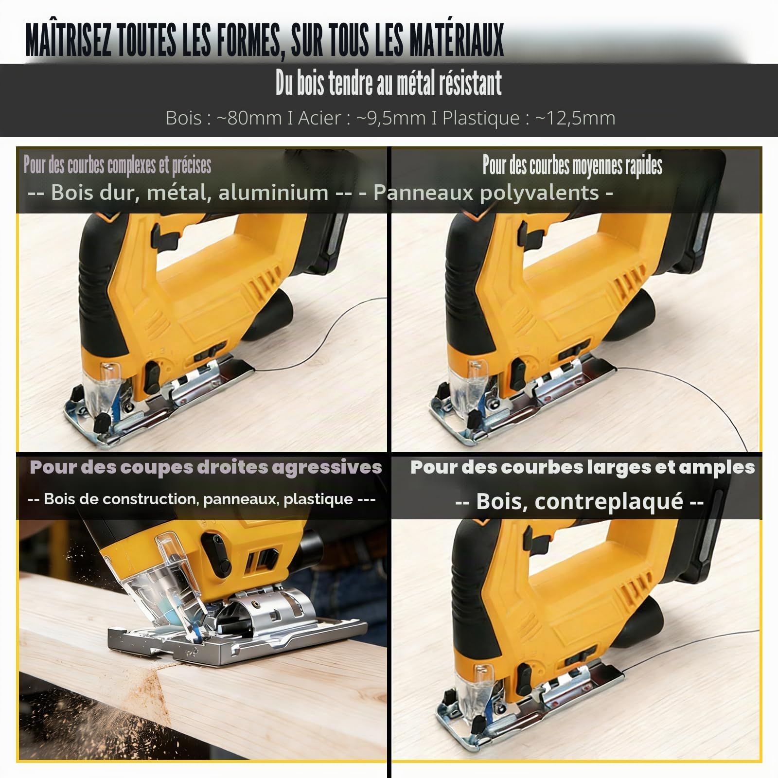 Scie Sauteuse Sans Fil 20V, Scie Sauteuse Électrique 300W avec Vitesse Variable 0-2700 tr/min et Biseau 0-45°, Réglage à 4 Vitesses, Compatible avec Dewalt, avec 15 Lames (Batterie Non Incluse)