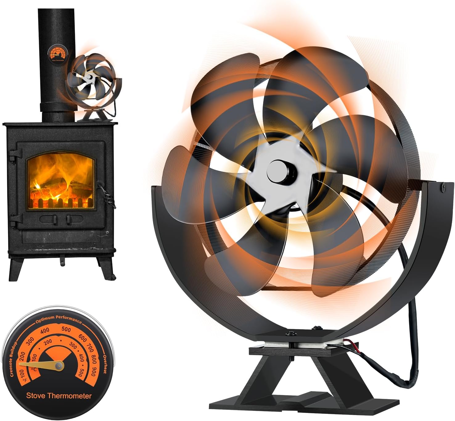 Stove Fan, 6 Blades Fireplace Fan, Stove Fan Without Electricity, Fireplace Fan with Thermometer, Quiet Operation, Heat-Powered Fireplace Fan for Stove Raw Suitable for Any Type of Oven