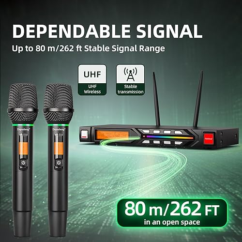 Miniatura 2 de Depusheng Juego de micrófonos inalámbricos R7 con dos micrófonos de mano dinámicos inalámbricos que reciben un rango de 262.5 ft adecuado para