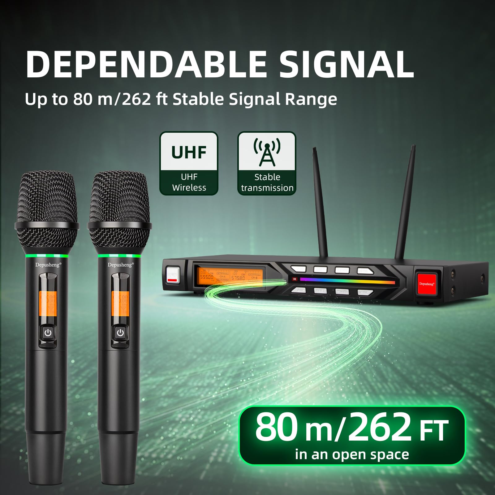Depusheng R7 microfono wireless dotato di due microfoni portatili dinamici e ricevitore, con un raggio di ricezione di 80 metri, adatto per palchi di concerti karaoke