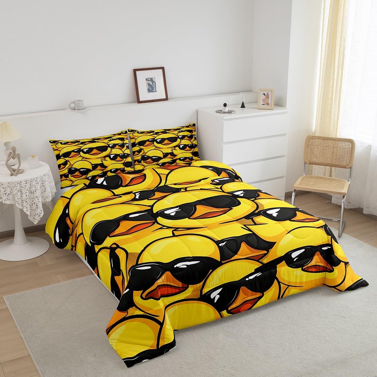 Erosebridal Cute Yellow Duck Comforter Set Queen Cool Glasses Duck Bedding Set 3 Piece Funny Rubber Duck Duvet Insert for Kids Boys Girls Teens Farmhouse Animals Down Comforter