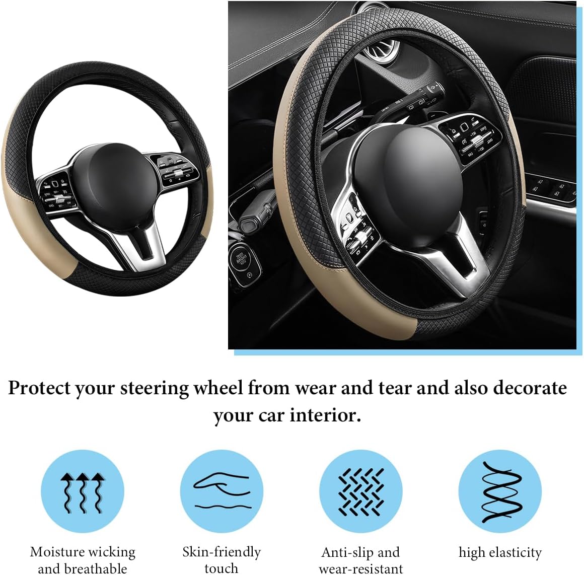 Car Steering Wheel Cover, 15 Inch Anti-Slip Stretch Leather Steering Wheel Protector, Comfortable Breathable Sporty Steering Wheel Cover for Women Men, Car Accessories (Beige, AD) - Image 4