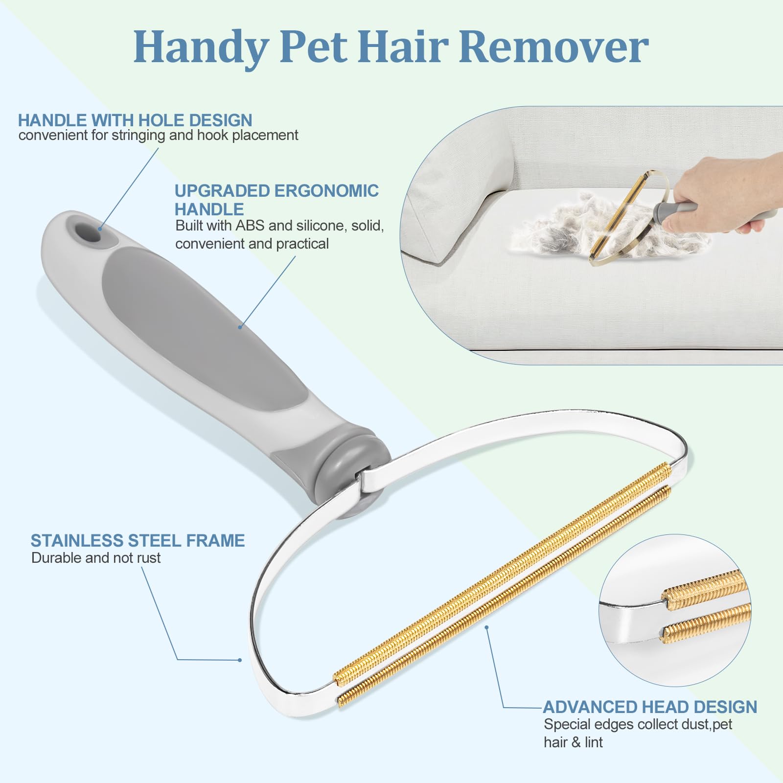 Lot de 4 outils d'épilation pour animaux de compagnie, râteau pour épilation des poils de chiens et chats, anti-peluches à long manche réglable, brosse pour tapis, canapé, meubles, gris clair