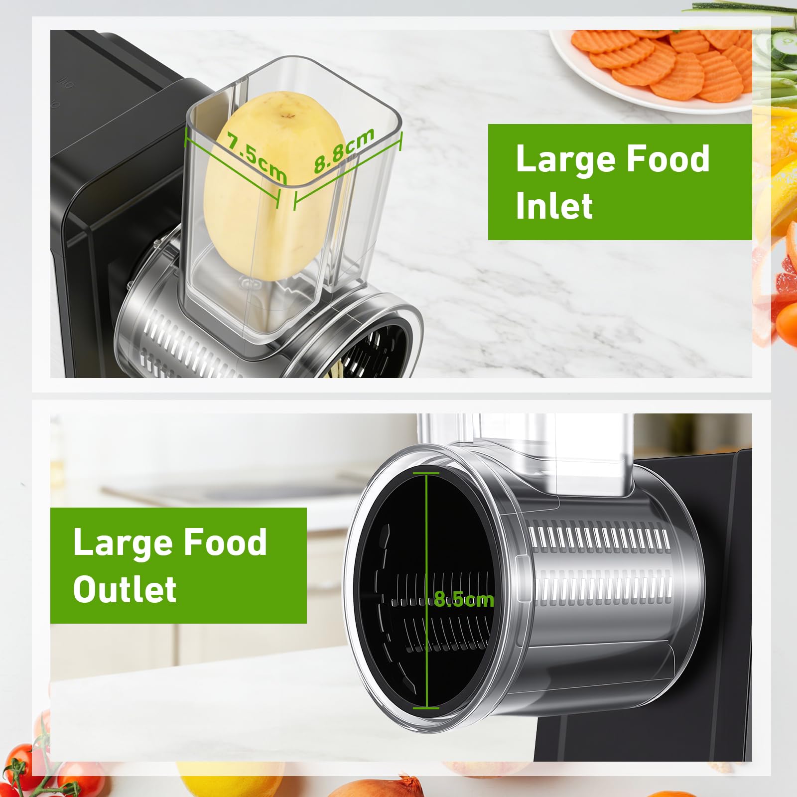 Rallador Eléctrico de Verduras y Fruta 250W, 7 en 1 Mandolina Electrica con 7 Cuchillas de Acero Inoxidable, Cortador de Verduras Electrico con Embudo de llenado Grande, para Verduras, Queso, Frutos