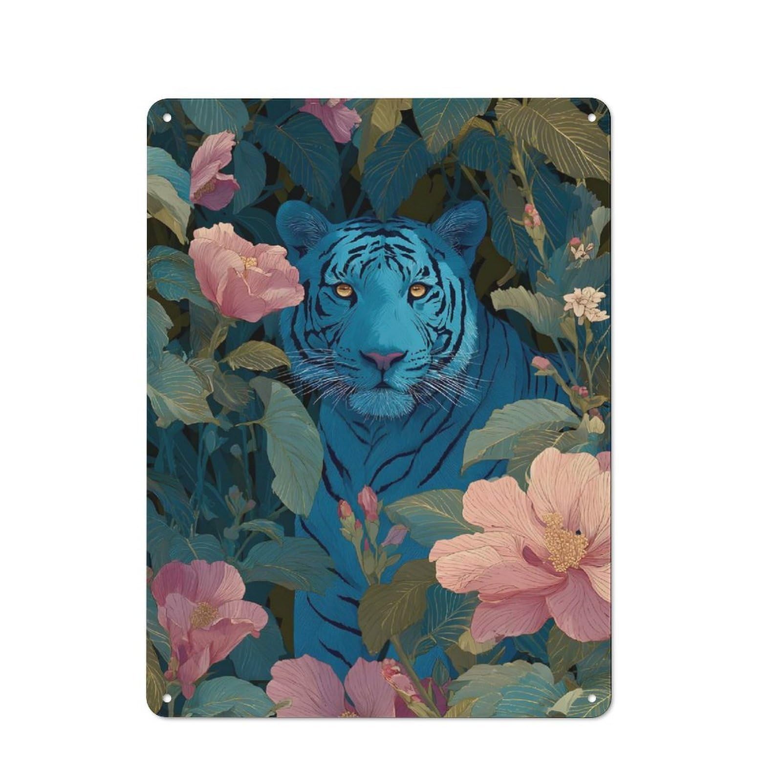 Junmoney Style-14 Blue Tiger In Floral Jungle Rustic Metal Plaque 40X30cm For Hobby Room Or Studio, For Creative Interior Collectors