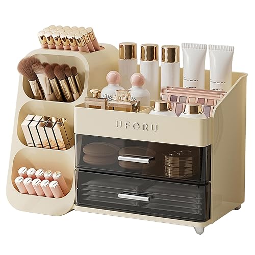UFORU Makeup Organizer for Vanity with Brush Holder, Countertop Organizer with 2 Drawers, Spacious Cosmetic Display Case for Beauty Essential, Skincare, Lipstick - Large - Cream White