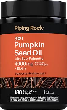 Piping Rock Pumpkin Seed Oil w/Saw Palmetto Complex | 4000mg | 180 Quick Release Softgels | With Biotin | Supports Healthy Hair| Non-GMO and Gluten Free