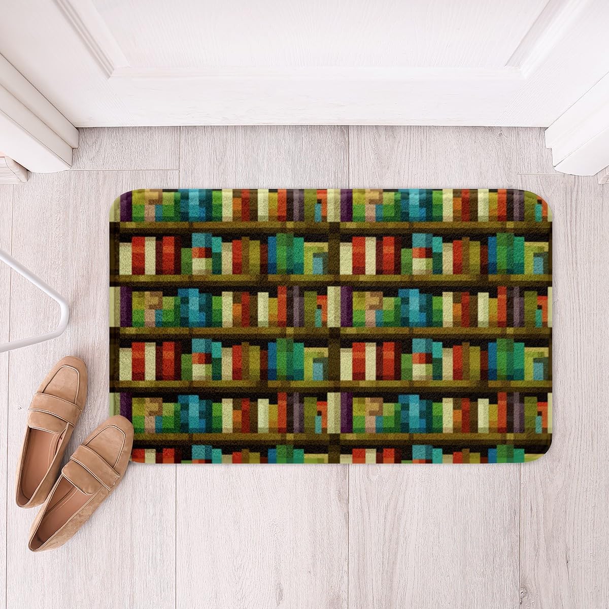 Pixel Video Game Kids Bath Mat,Bookshelf Pixelated Bookcase Mats Rugs,Girls Boys Room Decor,Gaming Geometric Grid Bathroom Carpets,Colorful Bath Rug,Absorbent Floor Mats,16Wx24L Inches