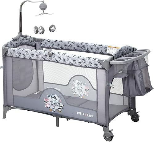 Miniatura 2 de GarveeHome Cuna 4 en 1, para empacar y jugar, cuna portátil con puerta con cremallera y cambiador, ruedas de bloqueo, almacenamiento inferior y