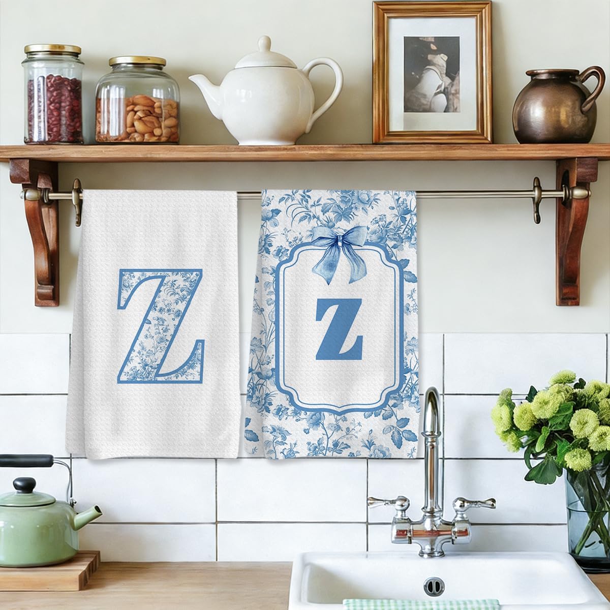 Chinoiserie Initial Kitchen Towels, Personalized Gifts for Women, Personalized Kitchen Towel, Initial Z Waffle Dish Hand Towel for Home Bathroom Baking Dining Bar Decor Set of 2 14x24 Inch image 3