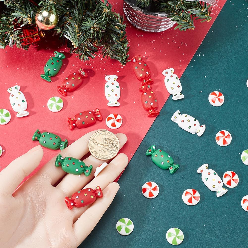SUNNYCLUE 70Pcs Christmas Resin Charms Candy Cabochons Flatback Christmas Candy Beads No Hole Red Green White Sweets Flat Back Cabochon Bulk for Jewelry Making Supplies Scrapbooking Embellishments image 3