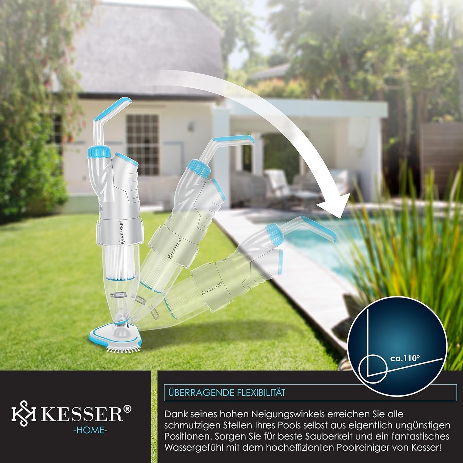 KESSER® Aspiratore per piscina con batteria | aspiratore elettrico per piscina | Pulitore per piscina con filtro e sistema a 2 velocità | Set di pulizia senza fili fino a 15 m³, con copertura