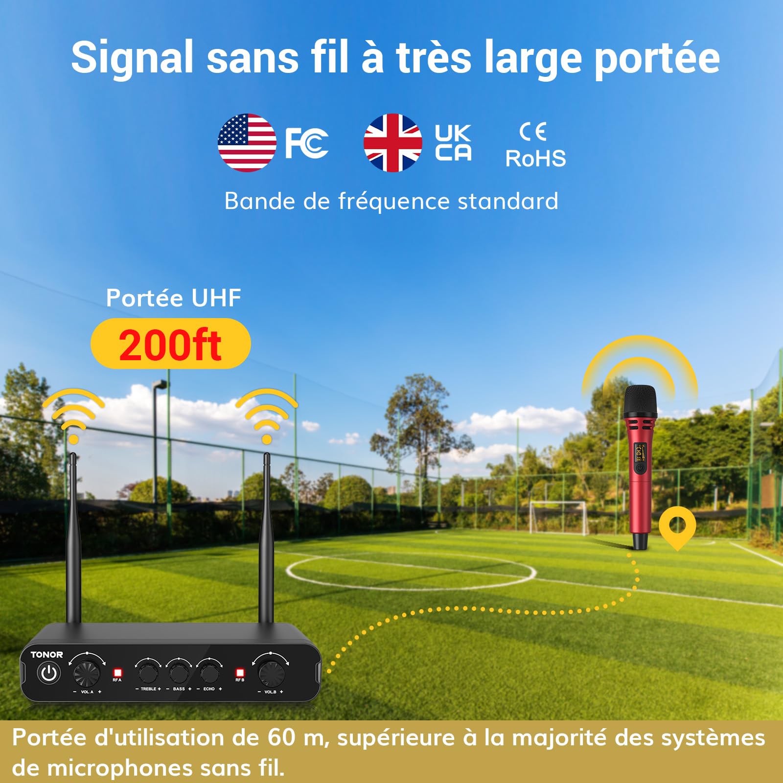 TONOR Micro Karaoke sans Fil, UHF Microphone Systèmes Dynamique Chant Portable à Main Double avec Récepteur pour Karaoké/Fête/Discours/Mariage/DJ Spectacles/Église/Conférences, 60M, Gris&Rouge,TW350