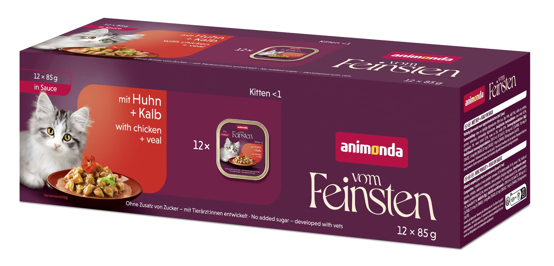 animonda vom Feinsten Premium Kitten karma dla kotów mokra kurczak + cielęcina w sosie (12 x 85 g), wysokiej jakości mokra karma dla kotów bez cukru