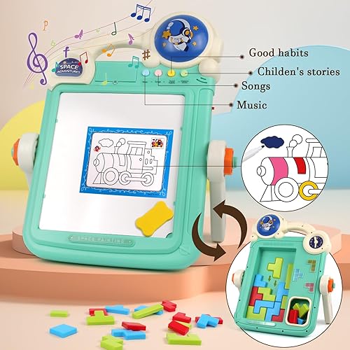 Miniatura 2 de Caballete artístico para niños, tablero de dibujo de doble cara con accesorios de pintura, juegos de mesa Tetris con bloques de construcción,