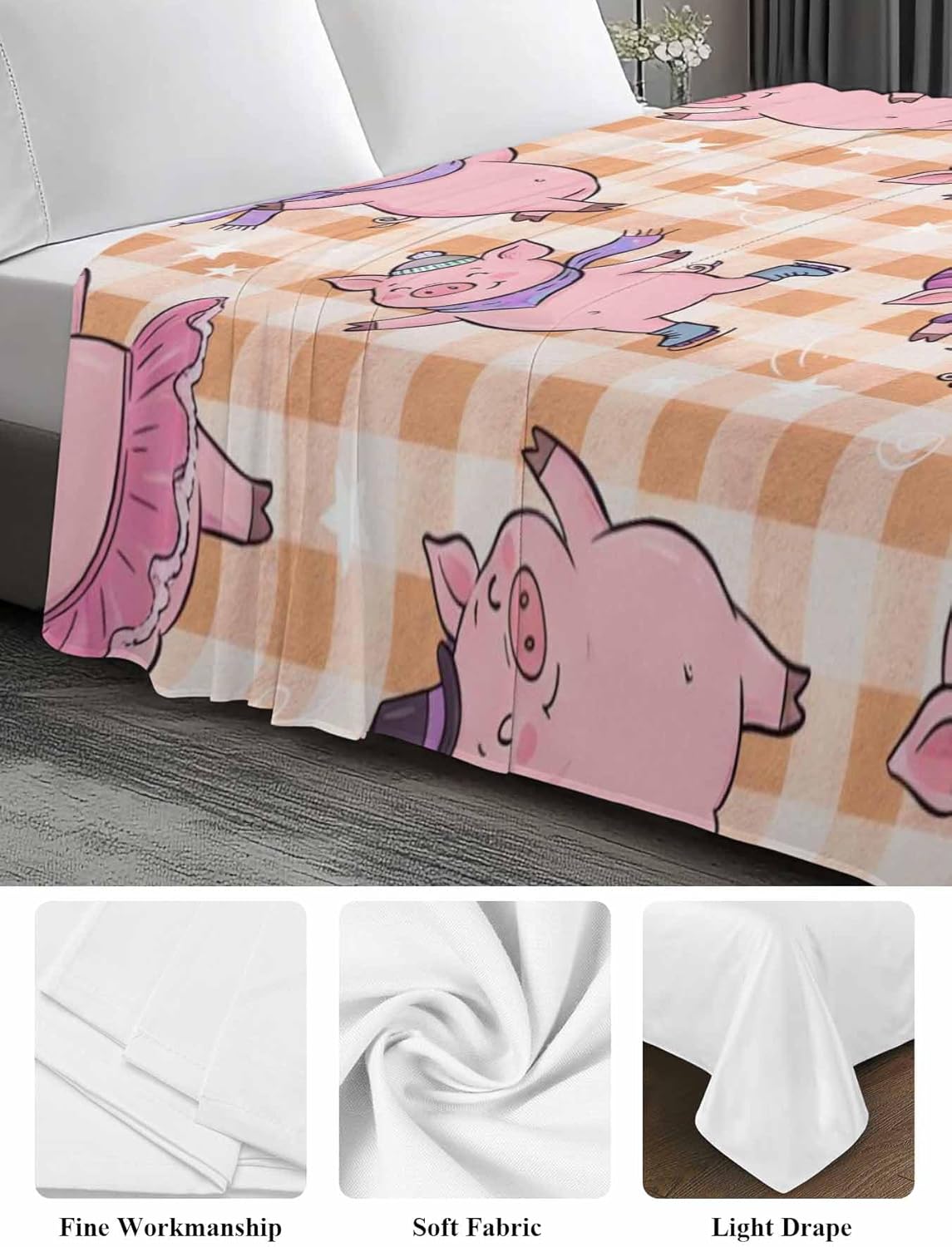 King Size Flat Sheet Only, Children's Day Cute Cartoon Pink Pig Bed Top Sheet Soft Microfiber Breathable Bedding Flat Sheets, Yellow Buffalo Plaid Top Sheets Hotel Luxury