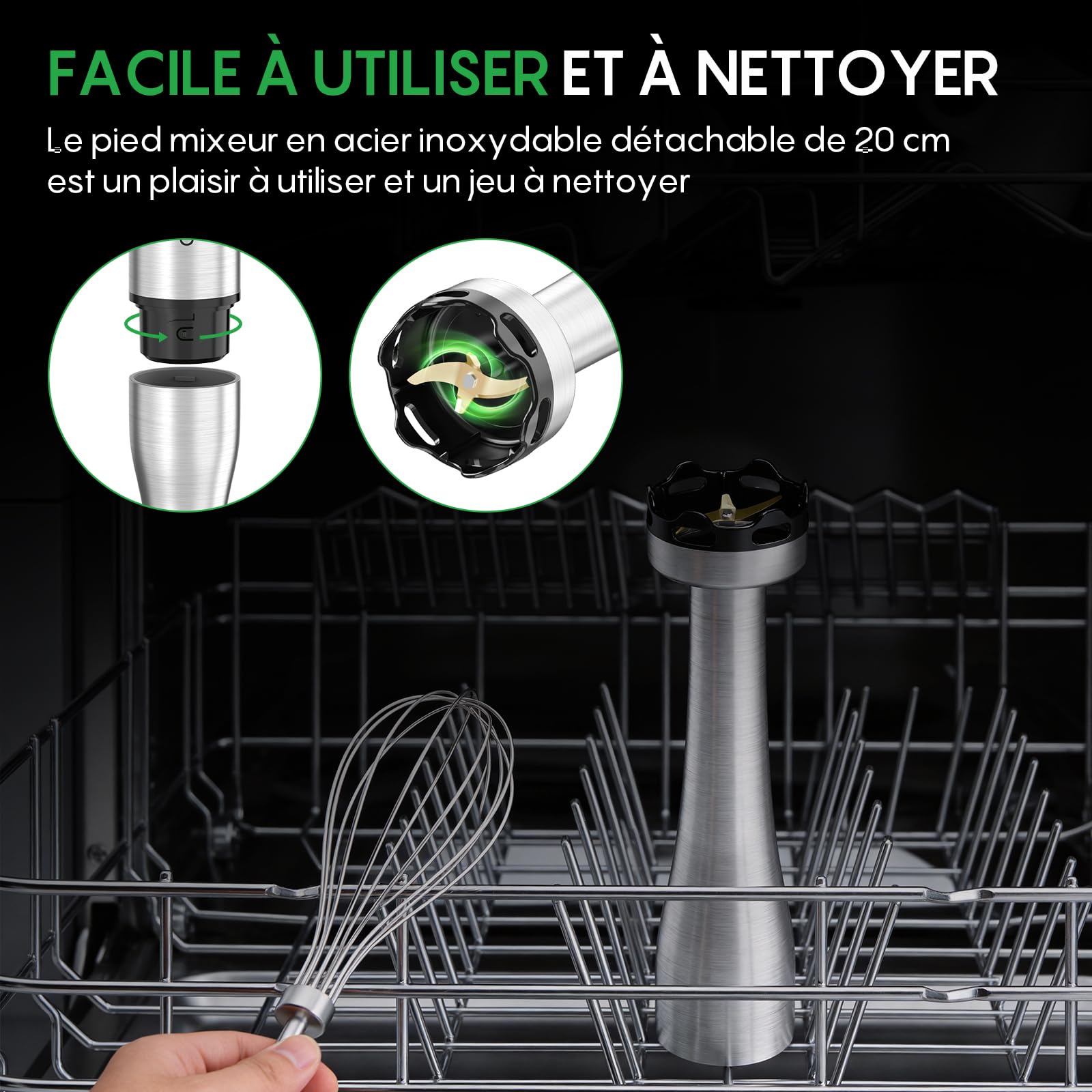 FRESKO 4-en-1 Mixeur Plongeant 1000W, Vitesse Variable, Acier Inoxydable