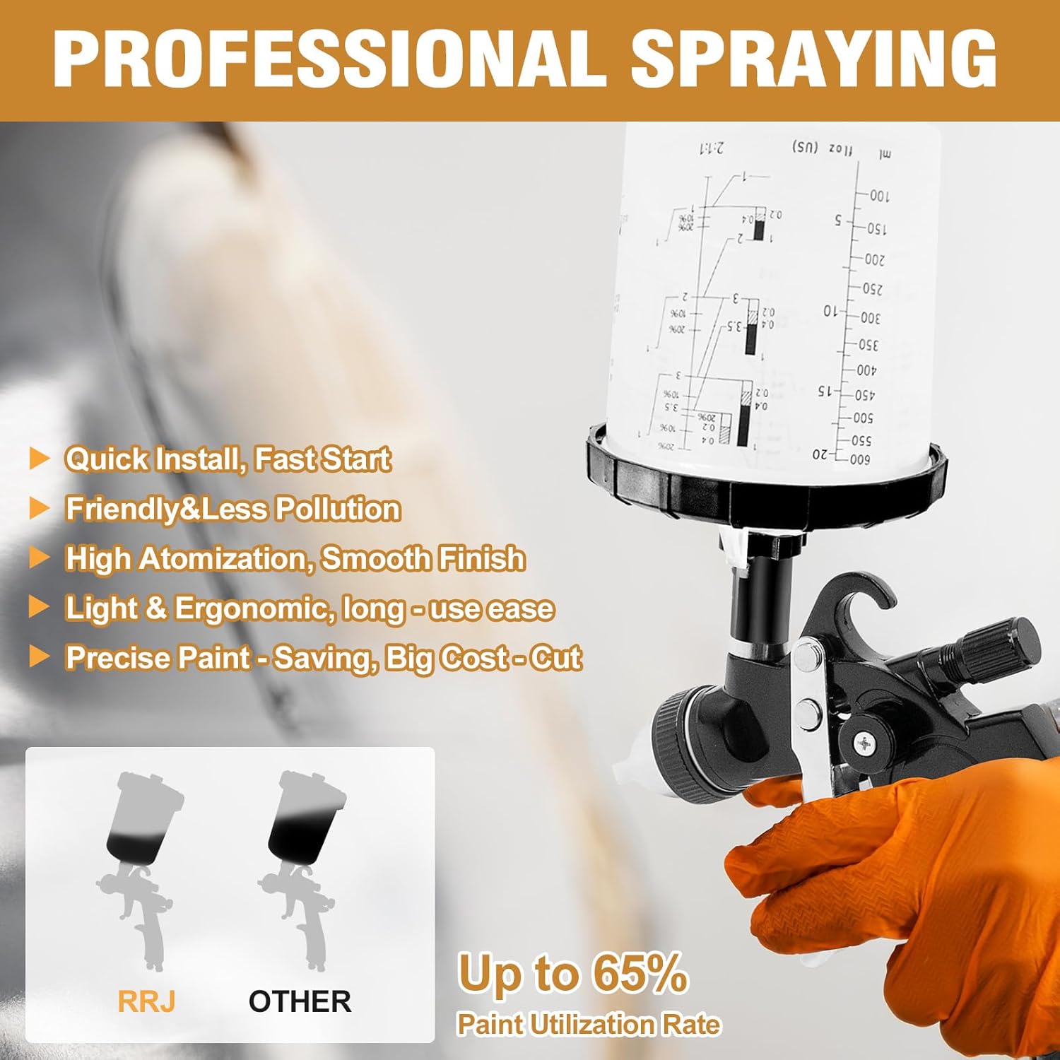 HVLP Spray Gun with 650ml Mixing Cup& 10x Disposable Cups, 1.4/1.7/2.0/2.5mm Nozzles, Automotive Gravity Feed Paint Spray Gun Kit with Air Compressor Regulator for Cars, Furniture, Fence, DIY