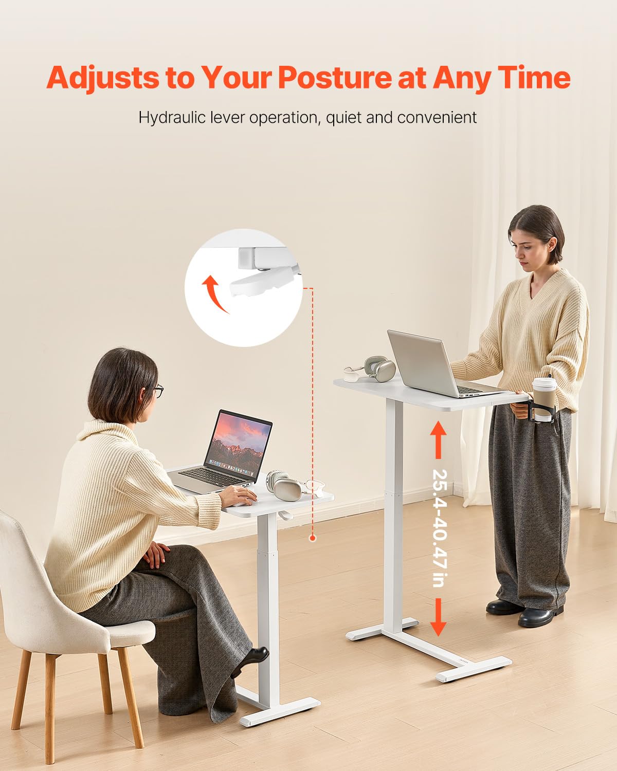 VEVOR Tavolino da Letto Mobile con 4 Ruote Nascoste, Scrivania per Laptop, Regolabili in Altezza con Portabicchieri, Scrivania Portatile in Truciolato Sopra Letto per Casa, Ufficio, Studio, Bianco
