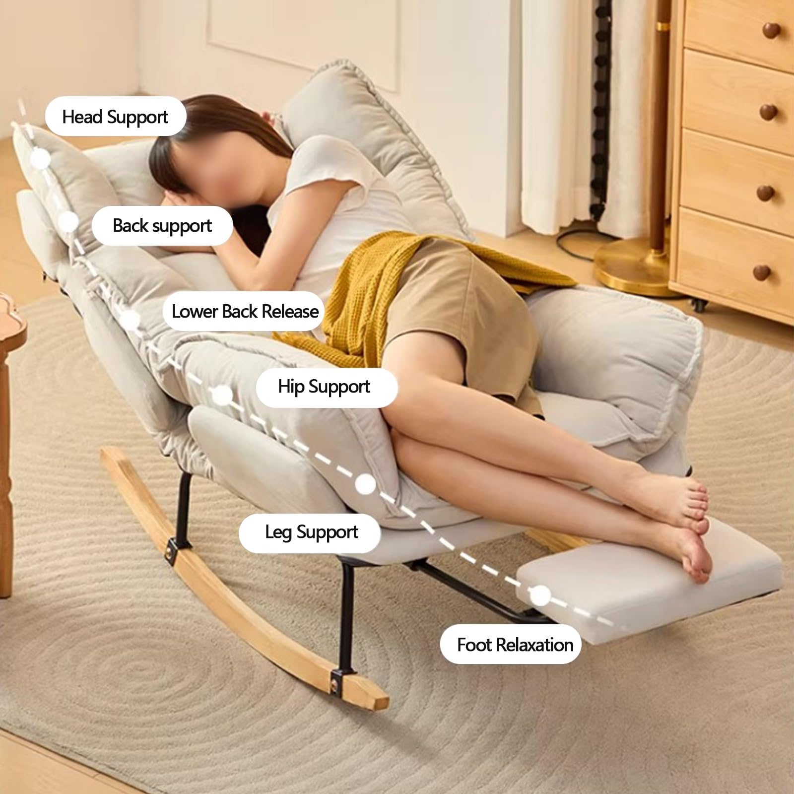 Wyściełany fotel bujany, ergonomiczny fotel bujany z podnóżkiem, fotel do czytania z regulowanym oparciem, łatwy do czyszczenia, do salonu, sypialni (beżowy)