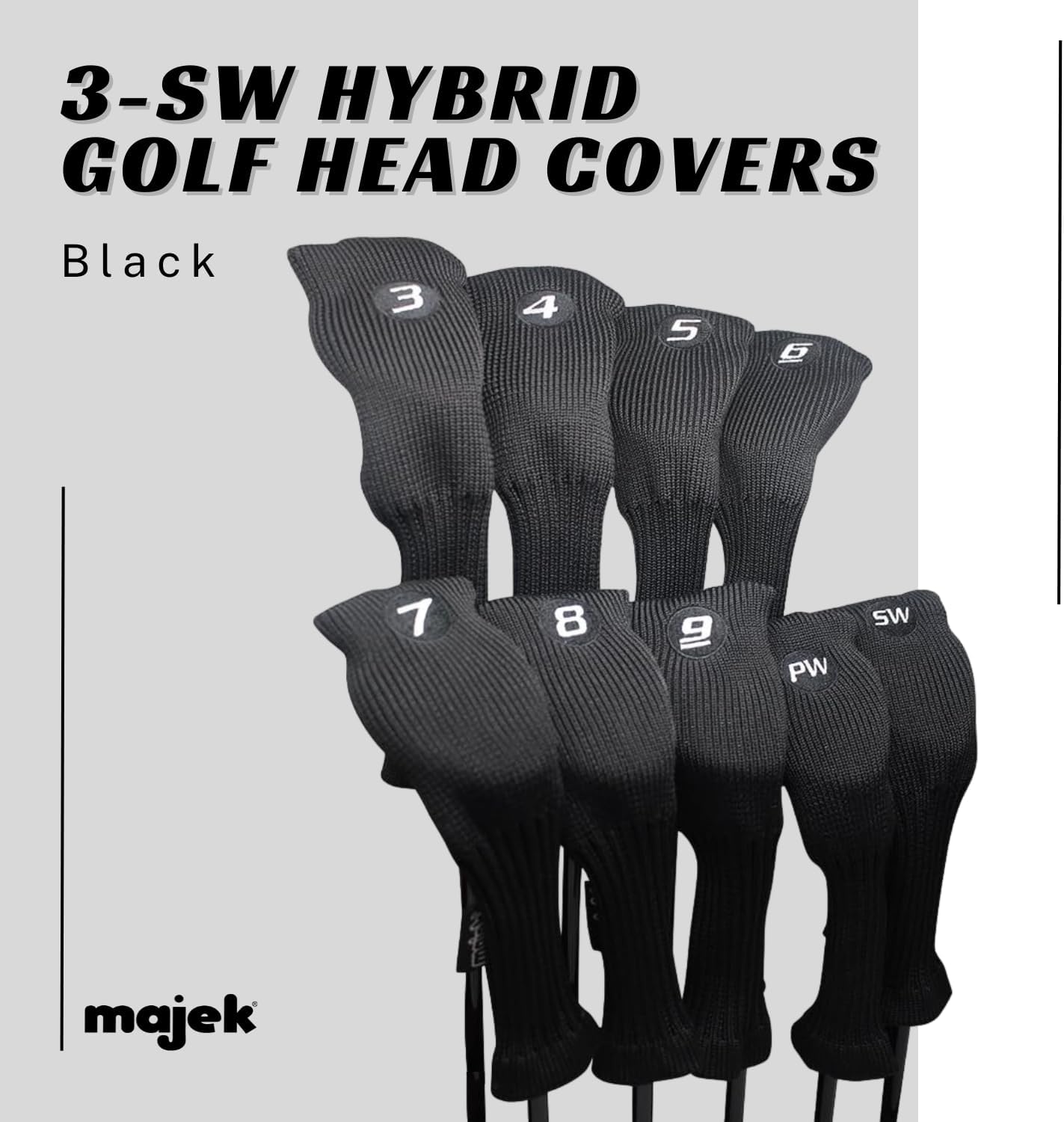 Majek All Hybrid Golf Club Black Sleek Tight Fit Headcover Set 3-SW Acrylic Head Covers 3 4 5 6 7 8 9 PW SW (Total of 9 Hybrid Head cover Set)