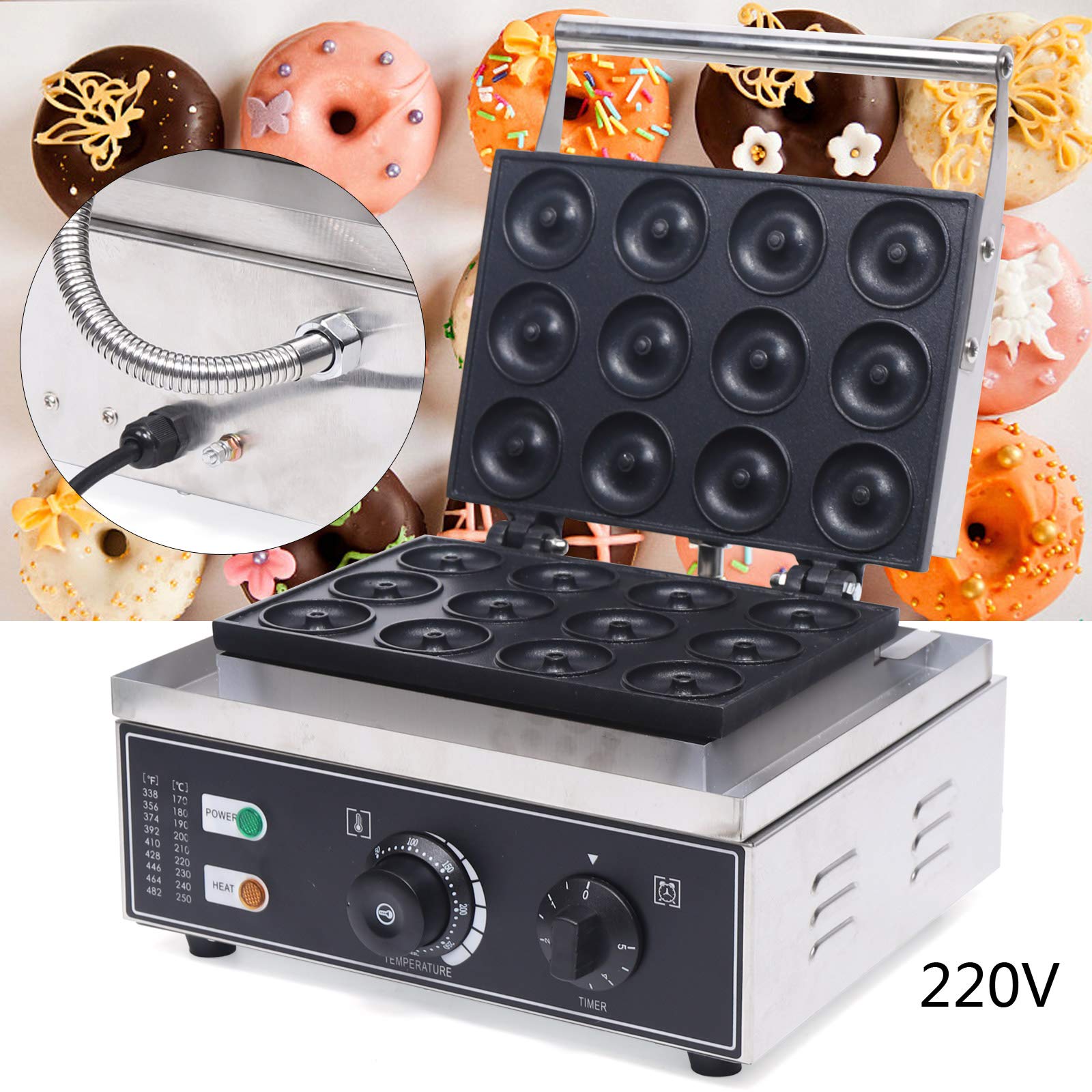 Machine à Donuts Électrique 1550W, 12 Moules Antiadhésifs – Friteuse à Beignets Professionnelle pour Café, Boulangerie & Maison | Réglage Température 50-300°C & Minuterie, Acier Inoxydable, 220V