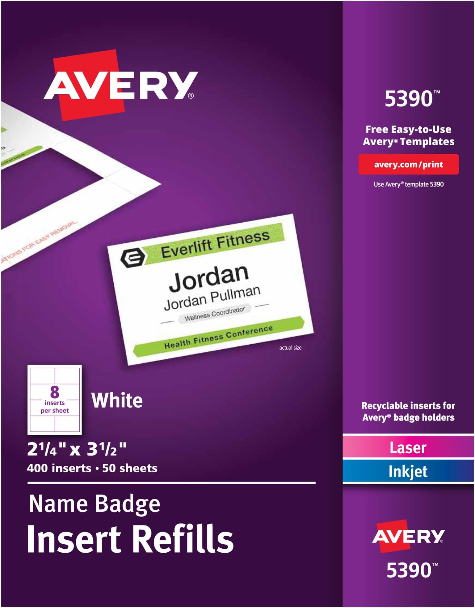Customizable Name Badge Inserts, 2.25" x 3.5", White, 400 Printable Name Tag Inserts (5390)