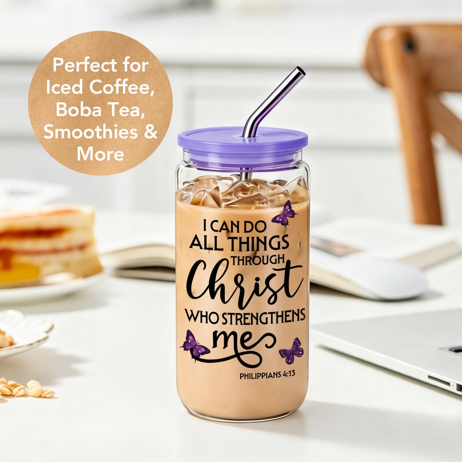 Christian Gifts for Women 16 oz Glass Cups with Lids and Straws, Purple Butterfly Cross Iced Coffee Tumbler for Home Office, Mothersday Baptism Birthday Religious Gifts for Church Friends