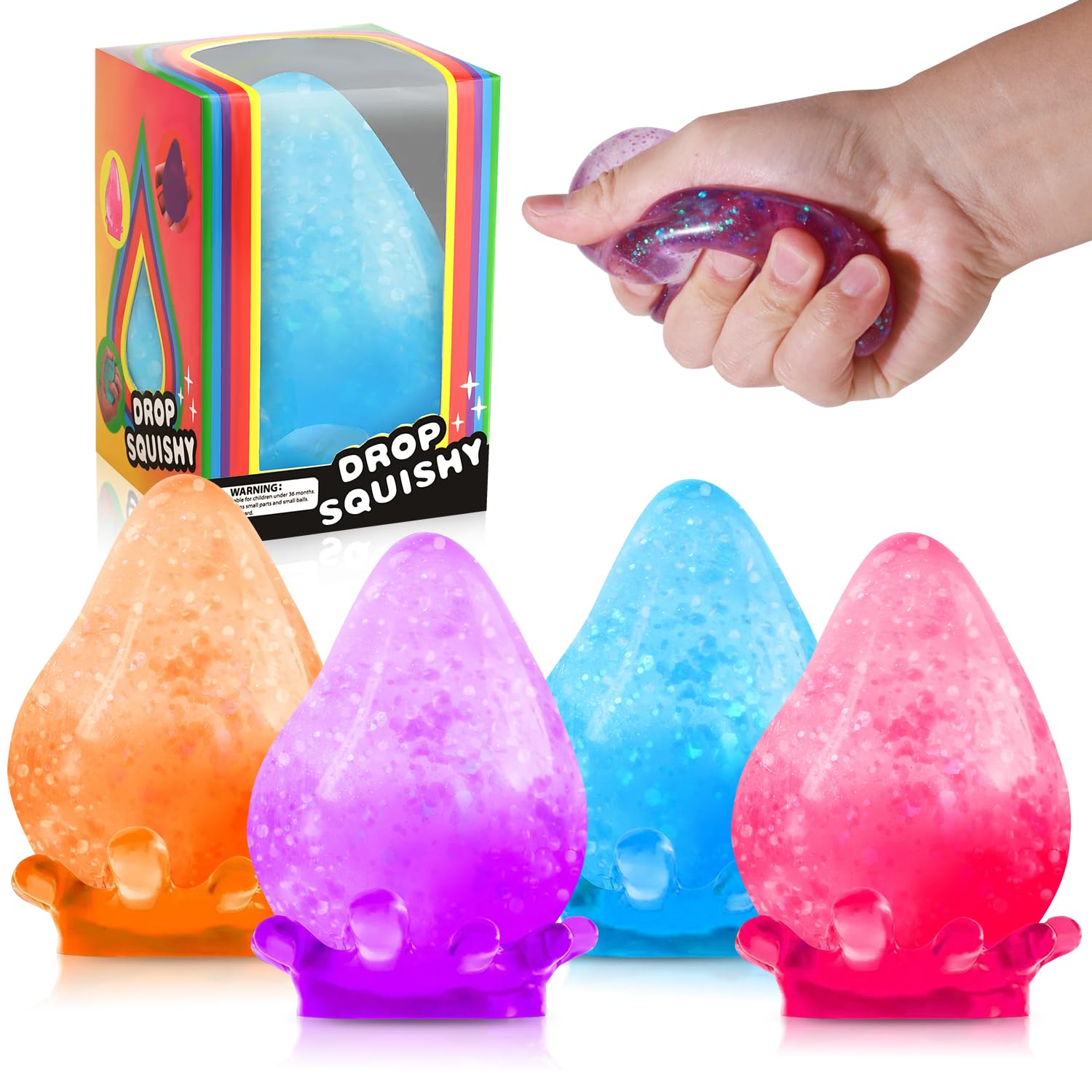 Fidget Toys Stress Cube 4pcs, Cube Squishies Anxiety Stress Relief, Ice Squishy Stress Cube-Drop Malt Sugar Balls, Sensory Toys for Kids with Autism, Fidgets for Classroom Prize Toys, Calming Toys