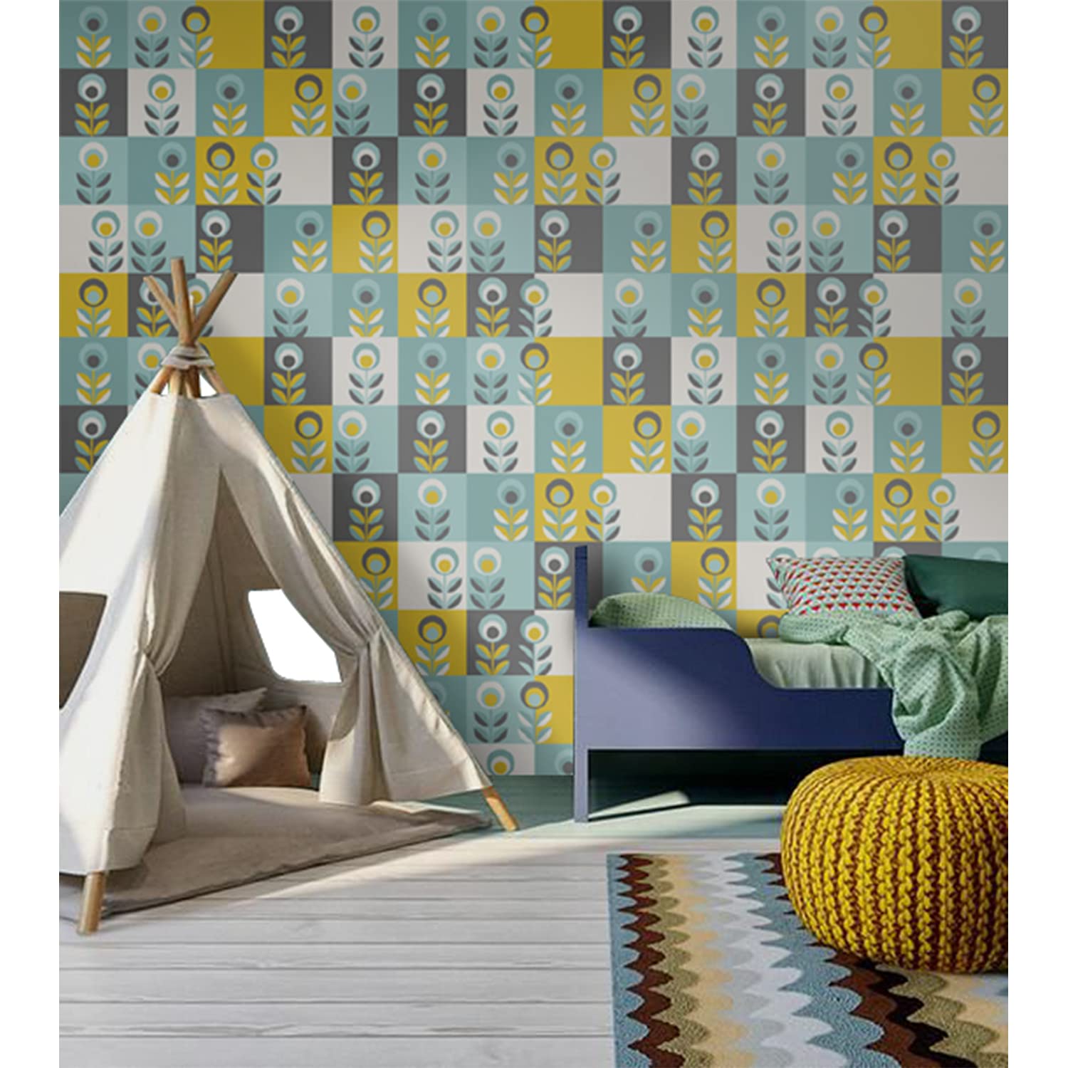 Papier peint panoramique 360x250 cm floral scandinave auto-adhésif pour salon