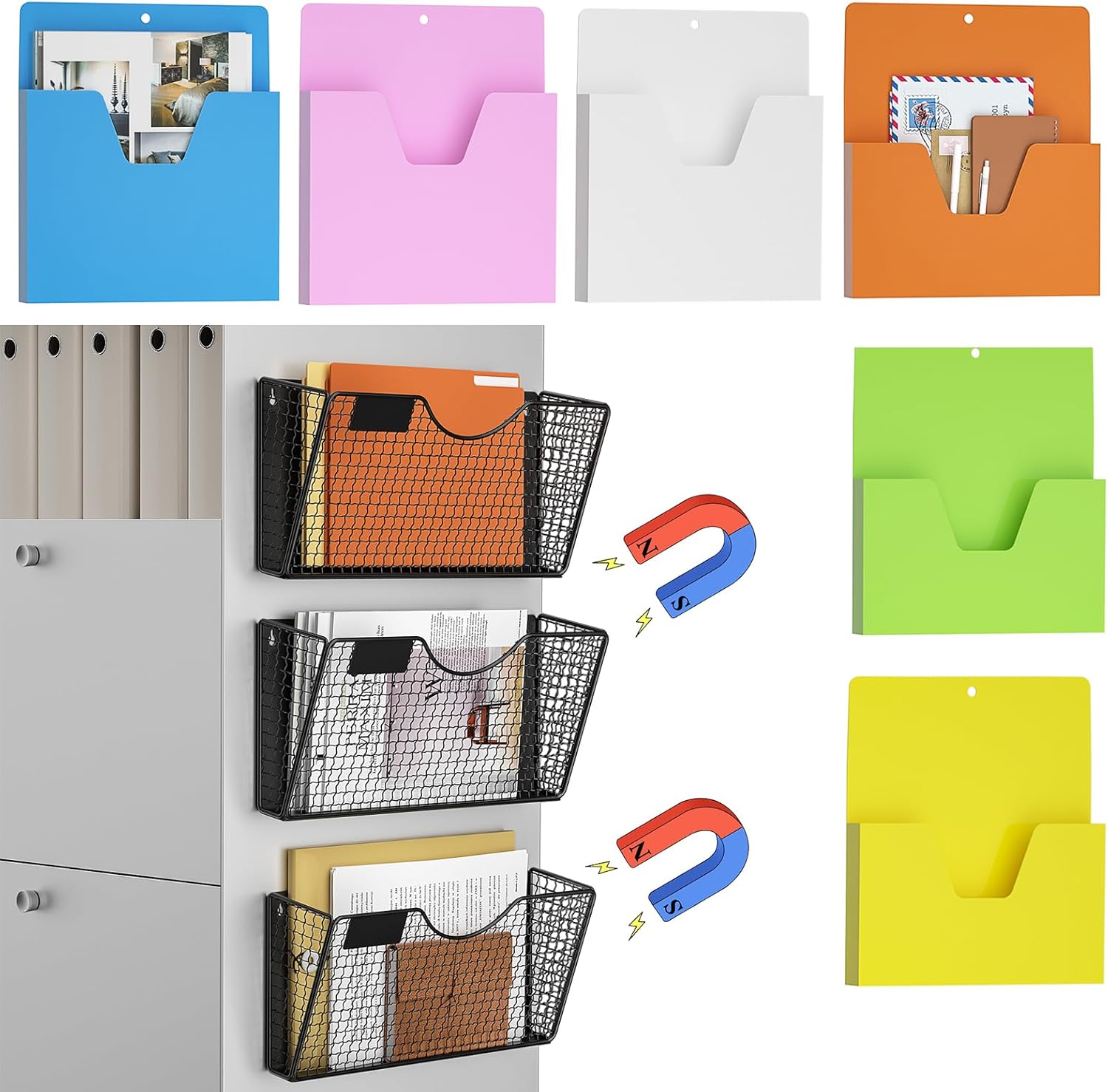 MFTEK Magnetic File Holder Metal 3 Pack and Colorful 6 Pockets, Mail Letter Organizer Wall Mount Rack - Office Supplies Storage - No Drilling design for File Cabinets Whiteboard, Refrigerator