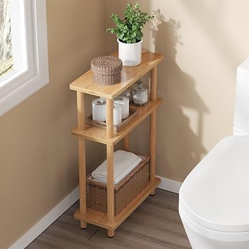 APICIZON Narrow Side Table, Slim Small Table, 3 Tier End Table Living Room, 40x18x61.5cm, Modern Thin Side Table for Living Room, Bedroom, Sofa, Small Nightstand with Magazine Rack, Wooden, Nature