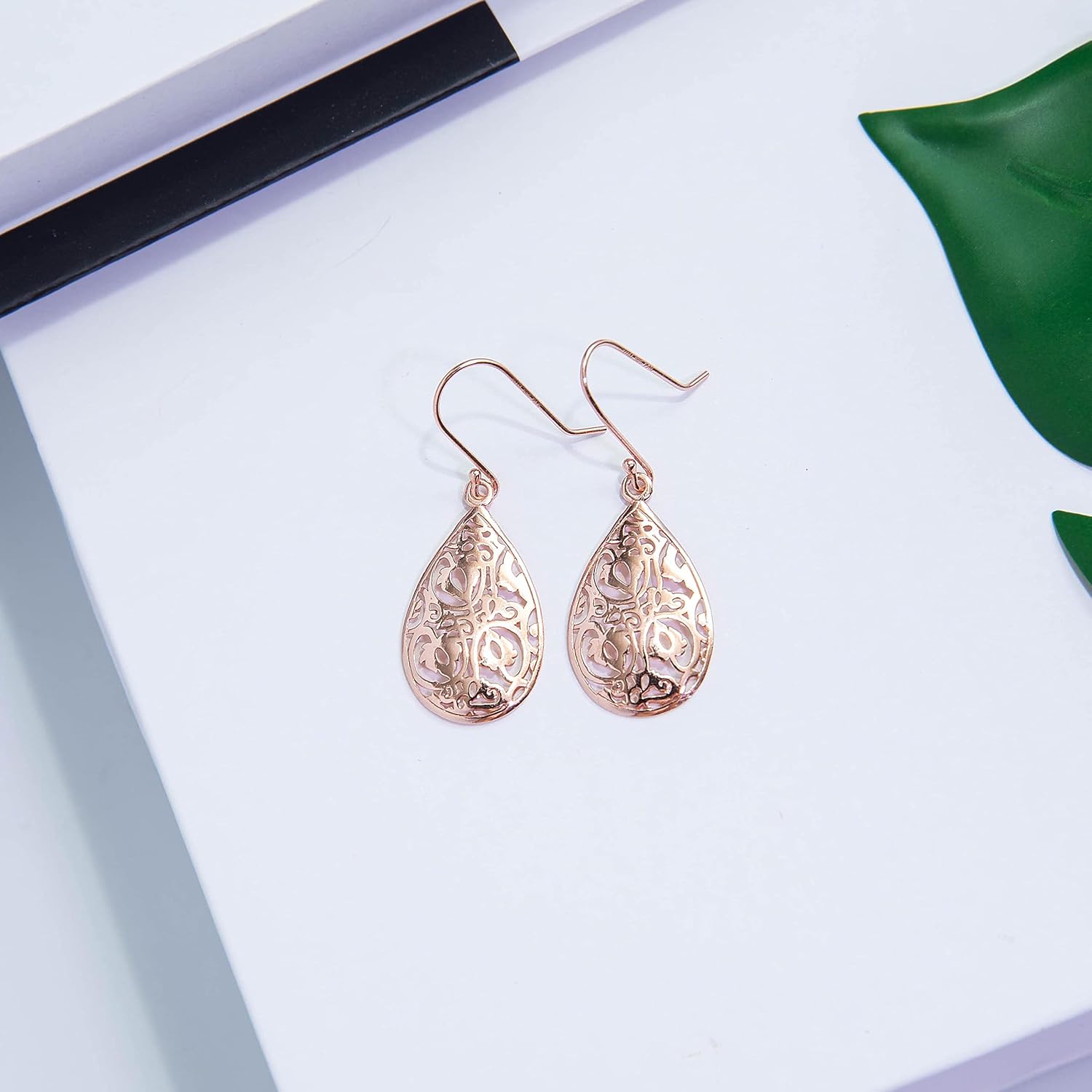 Hoops & Loops 925 Sterling Silver Teardrop Filigree Dangle Hook Earrings for Women, Silver, Yellow and Rose Gold Flashed Sterling Silver