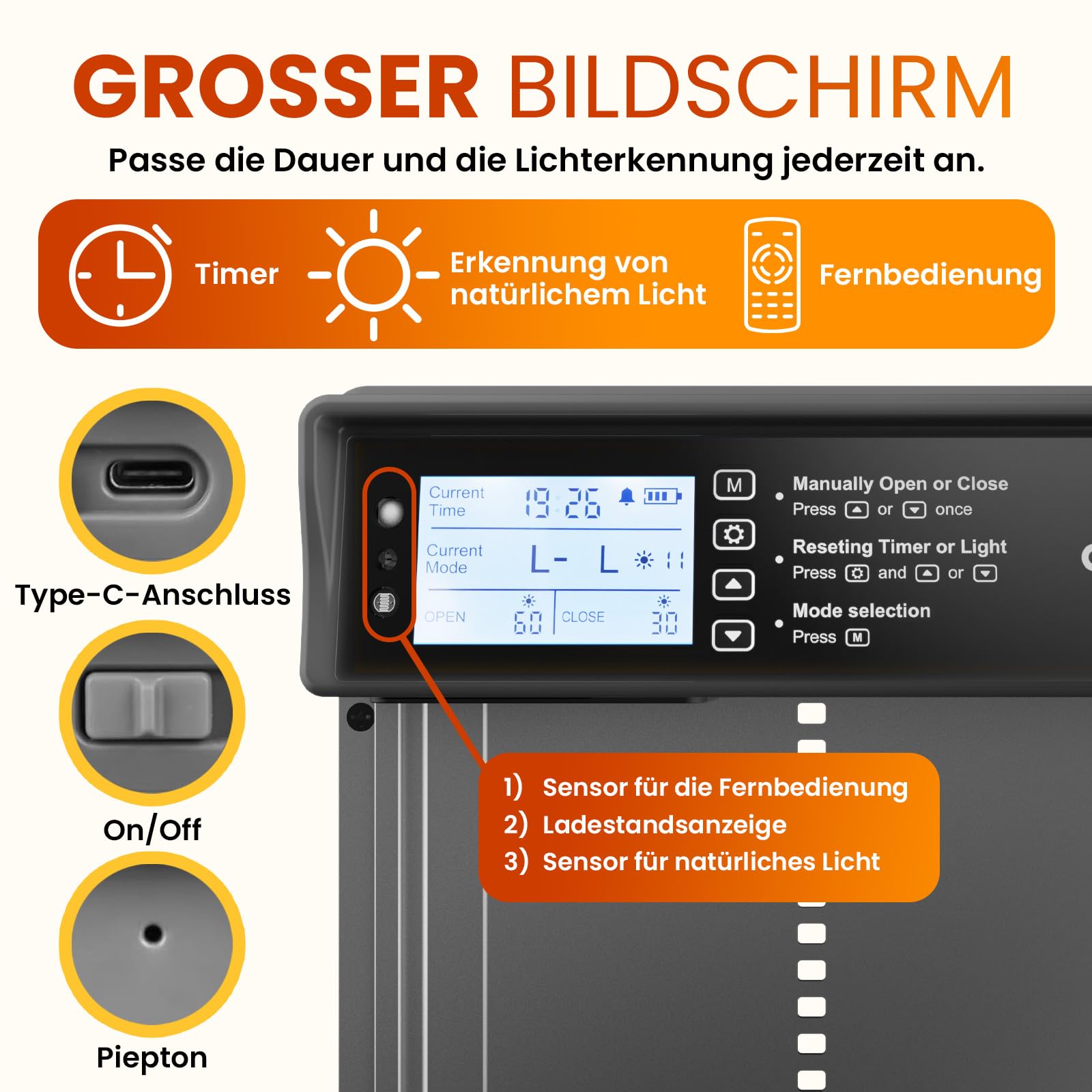 Okkobi Hühnerklappe Automatisch Solar - LCD Display - Automatische hühnerklappe mit Fernbedienung, Lichtsensor & Timer - Sicherheit & Seelenfrieden: Sicherheitsmechanismus - 5 Jahre Schutz