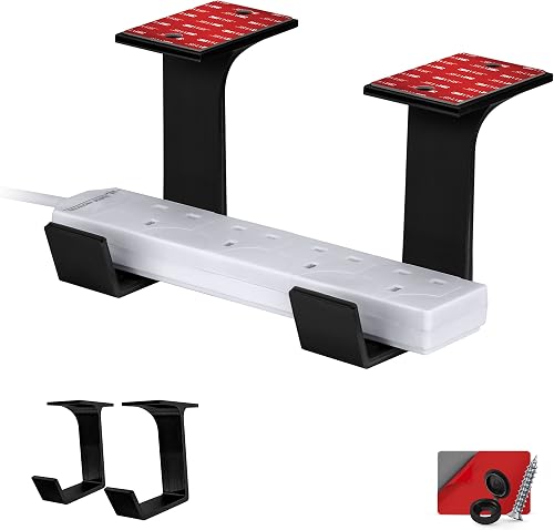Under Desk Power Strip Mount Holder Raceway, Adhesive & Screw in, Compatible with Belkin, GE and Other Powerbars, Leads, Adapters, Cable Management Rack (Black), by Brainwavz