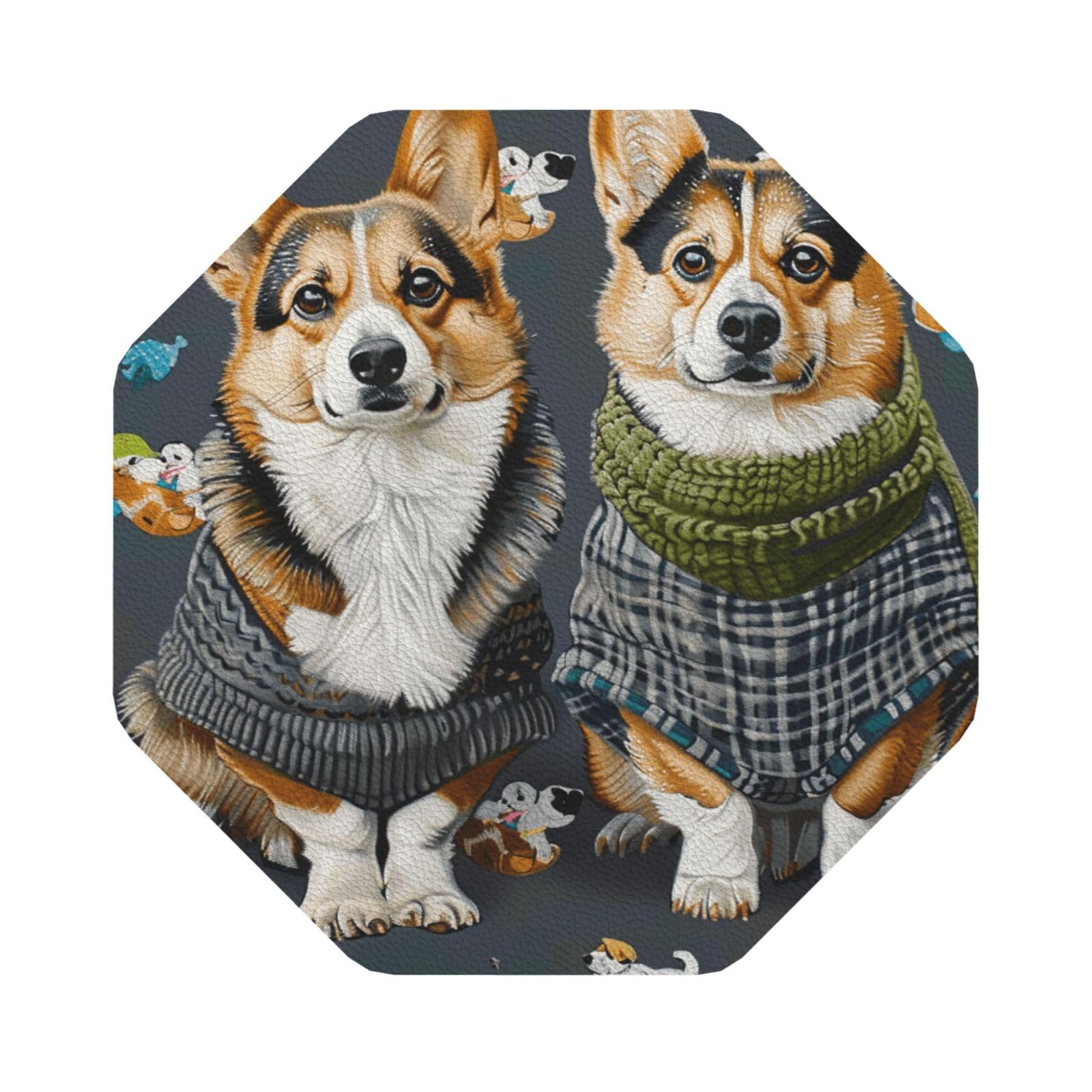Wearing Clothes Corgi Dogs Print Leather Coaster Set of 6, Octagon Coasters Table Decorative Coffee Cup Beverage Coasters Wine Beer Bar Coasters for Hot Drinks Table Protection