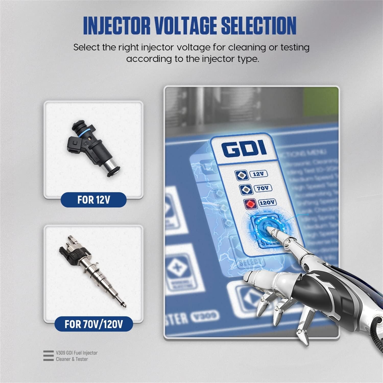Control panel showing voltage selection for 12V, 70V, and 120V injectors