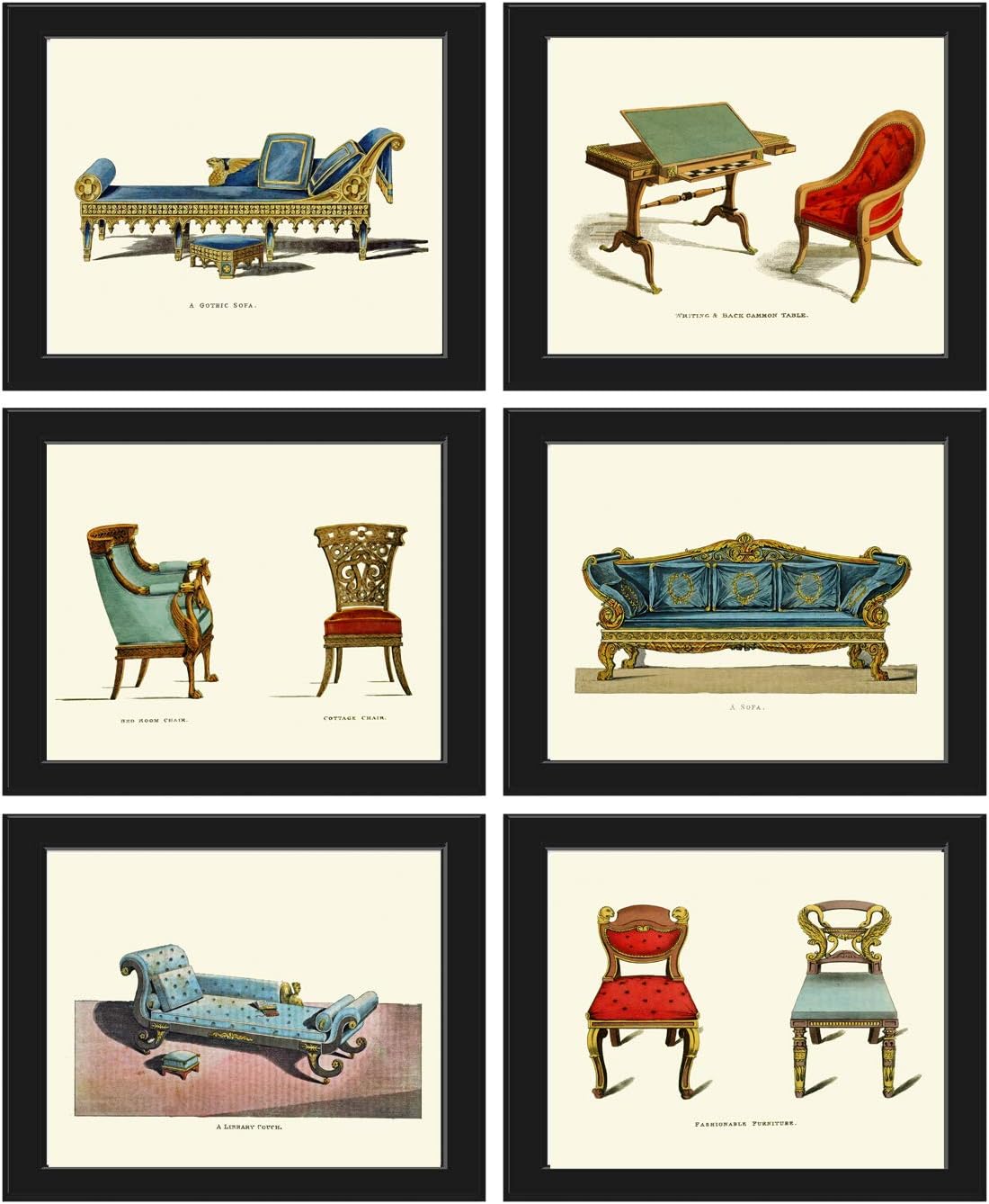 LoveThePrint Antique Vintage Furniture Wall Art Print Set of 6 Blue Red Sofa Chair Beautiful Victorian Home Decor to Frame Interior Designer Gallery Living Dining Bedroom Illustration RAD