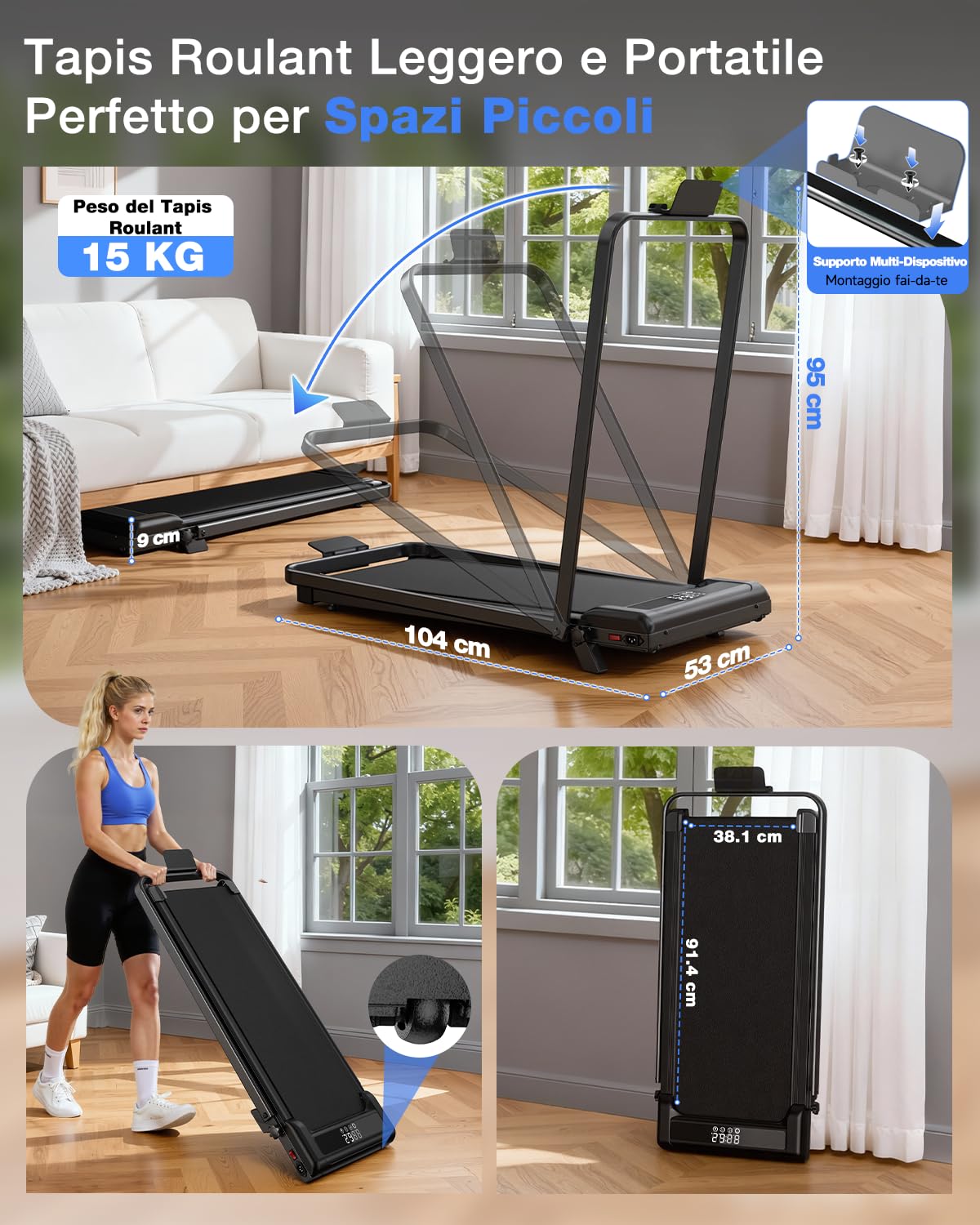 Dskeuzeew Tapis Roulant Elettrico Piehevole Inclinazione 7%, 3 IN 1 Walking Pad Tapis Roulant Extra Large, Telaio Rinforzato, Schermo LCD e Chiave di Sicurezza(Nero notte)