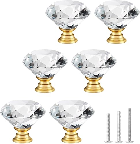 6 pomos de cristal de 1.181 in con forma de diamante para armario con base dorada para tocador en baño, cocina, oficina, etc.