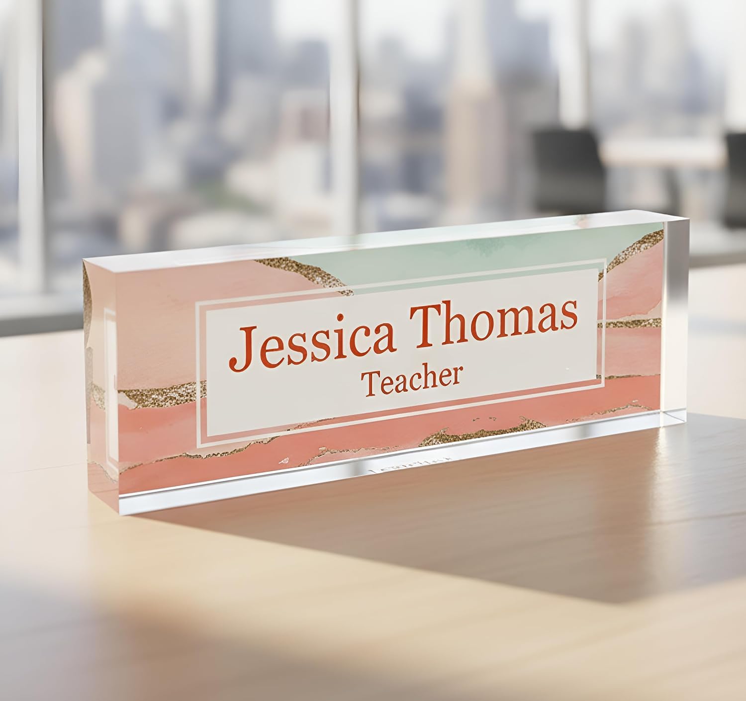 Custom Name Plate for Desk – Personalized Office Name Sign with Pink Marble Design – Clear Acrylic Block Nameplate for Teacher, Boss (8"x2.5") ARTSWAVE