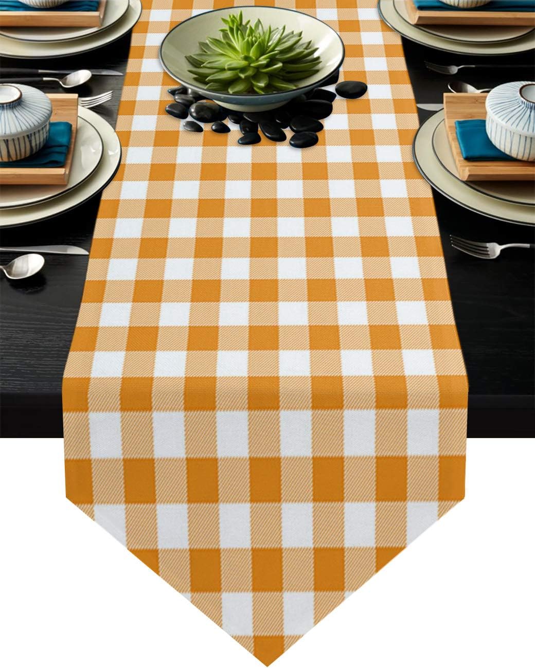 Burlap Table Runner for Holiday Party, Banquets, Easy to Clean Buffalo Plaid Checkered Orange and White Non-Slip Dining Table Runner for Kitchen Decor Everyday Use, Washable 13 by 120 Inch