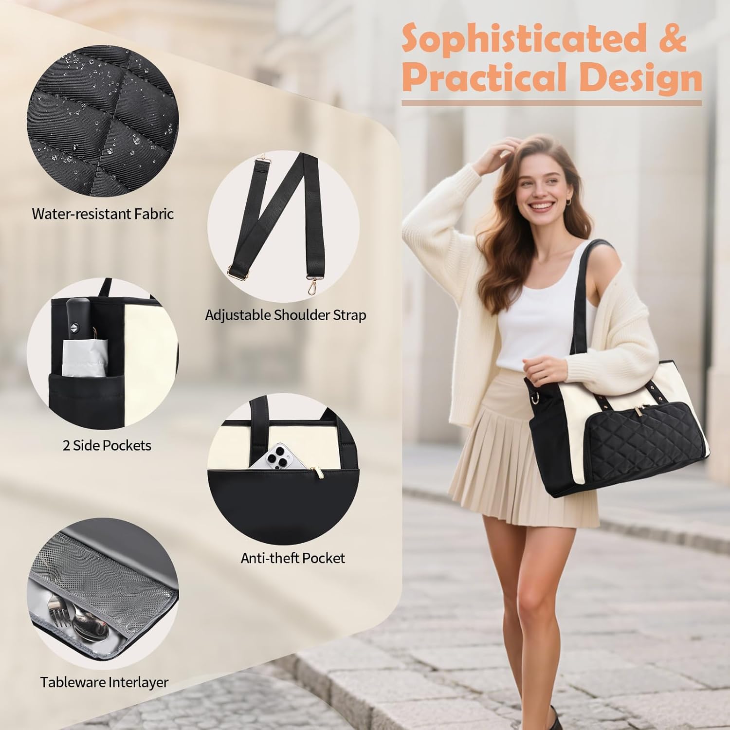 Jetviivid Lunch Tote Bag for Women, 15.6 Inch Laptop Bag with Insulated Lunch Compartment & Cup Holder for Work, Office,Teacher,College, Daily, Black&White - Image 6