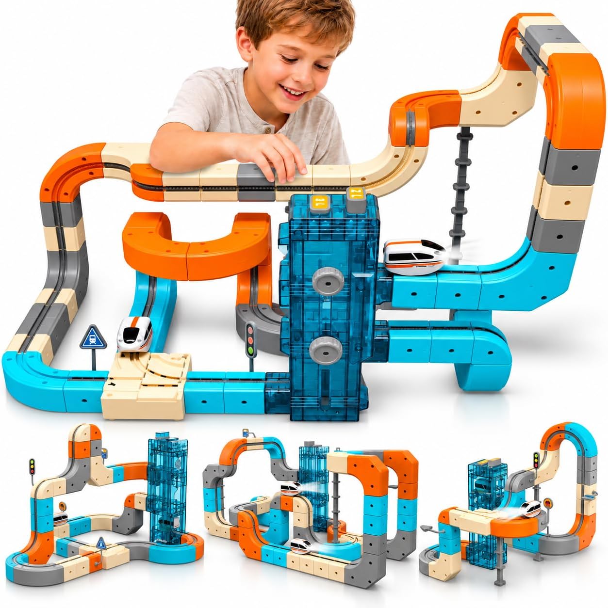 106-Piece Electric Train Set, 3-Level Elevator, Auto-Switch Track
