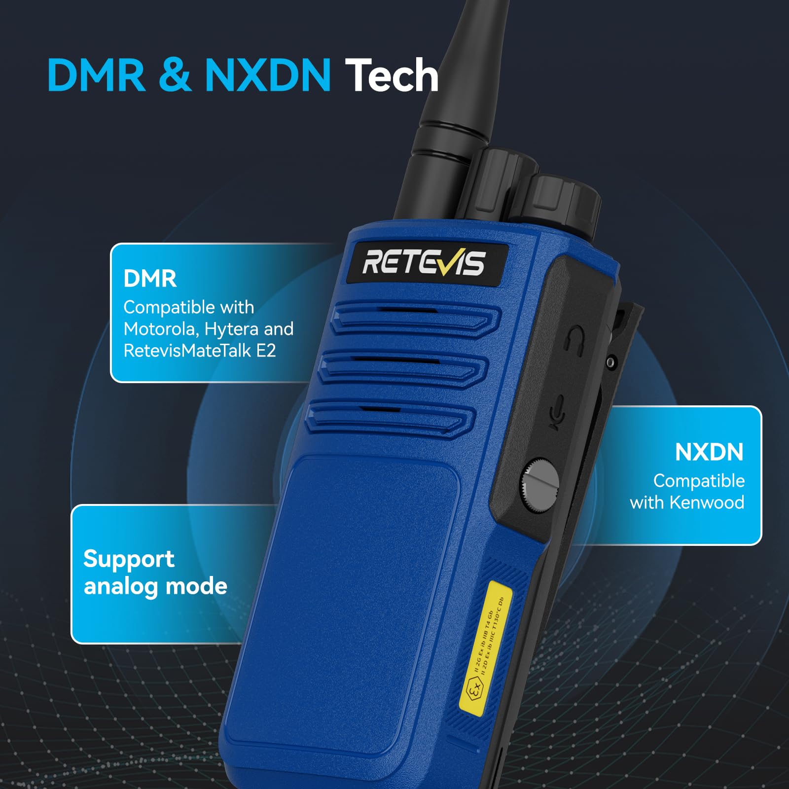 Retevis MateTalk E1 Explosionsgeschützter Walkie Talkie, IP68 Funkgerät | 2-Weg-Funk mit Notfallalarm, Unterstützt DMR- und NXDN-Digital Modi, 2450mAh, für Raffinerien (Blau, 1 Stück)