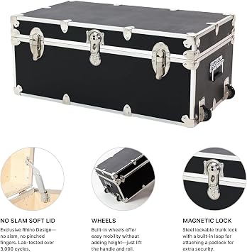 Rhino Trunk & Case Large Essential Trunk With Wheels 32x18x14, 1000+ lbs Capacity - Many Colors. Strong, USA Made Summer Camp Footlocker, and Secure College Dorm Storage Chest