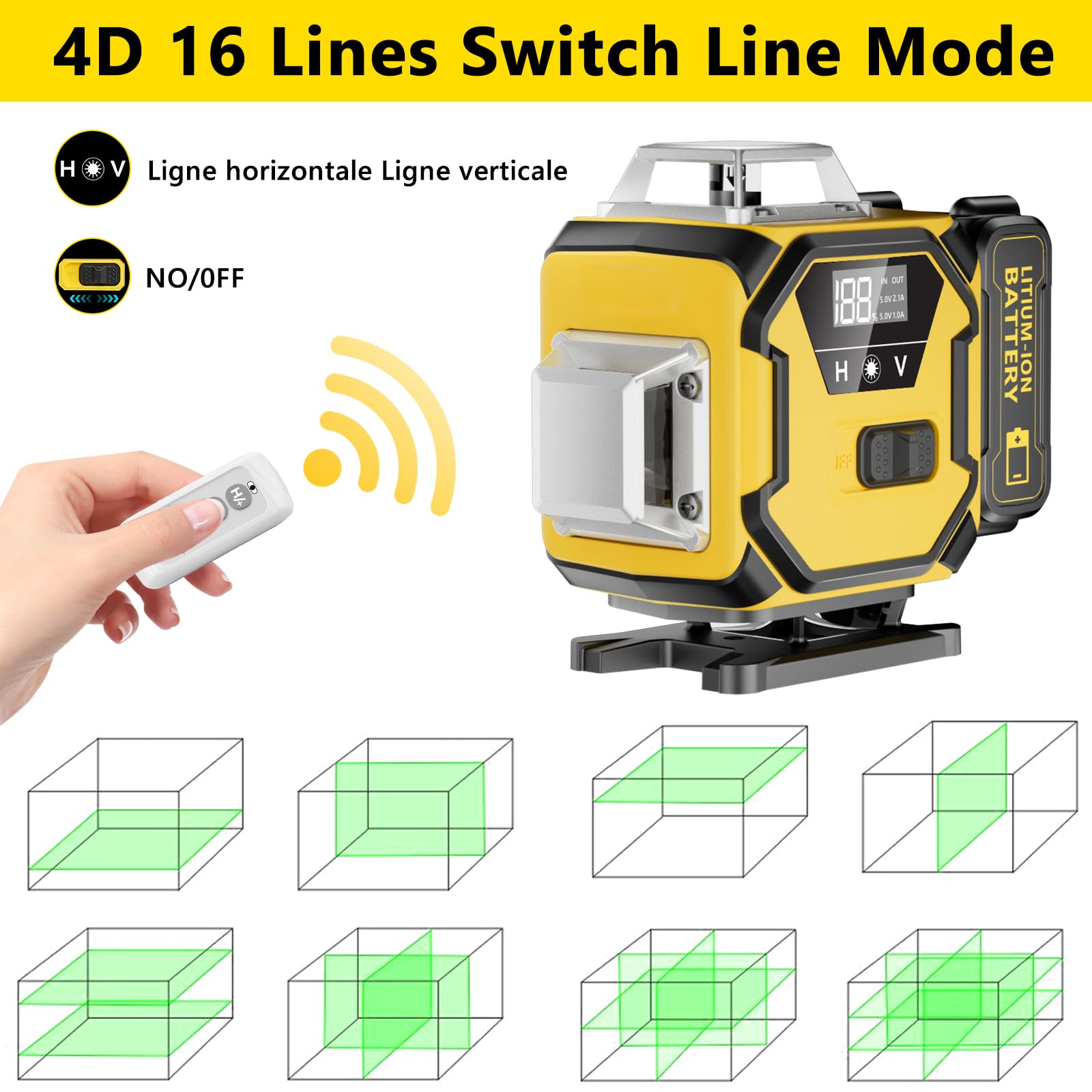 Niveau Laser Chantier Autonivelant 360° x 4, Lazer Niveaux 4D 16 Lignes Laser, Autonivellement et Mode Pulsé Extérieur, 2 x Batterie, Nivellement Automatique, Support Rotatif, Télécommande