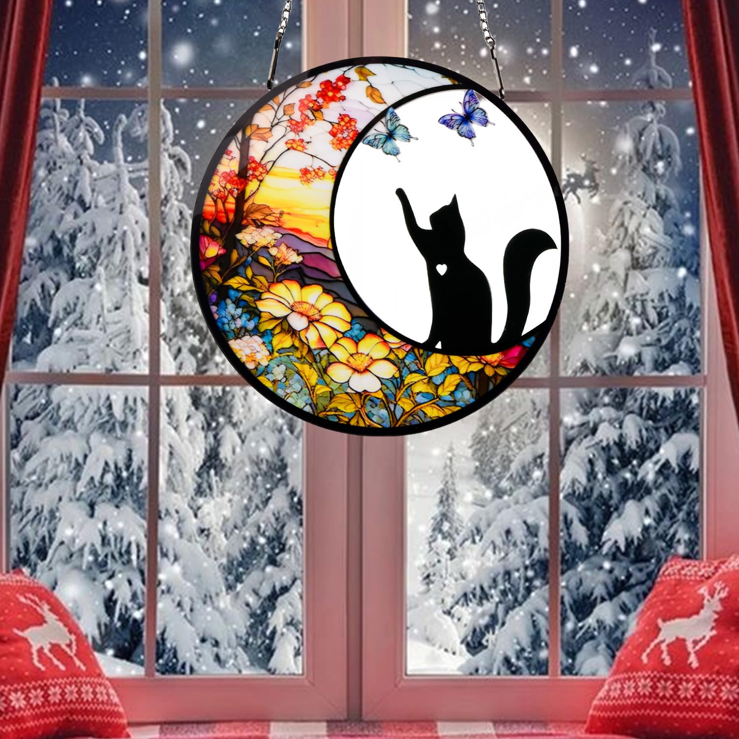 Black Cat Memorial Stained Glass Suncatcher - Butterfly and Halloween Decor - Themed Gift for Cat Lovers, Color 1 - Image 2